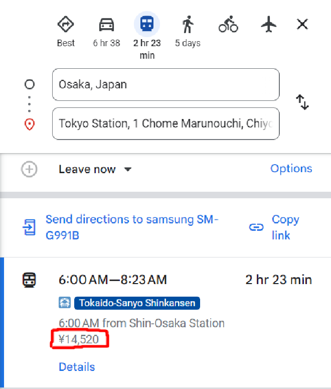Google žemėlapiai, traukinių kaina